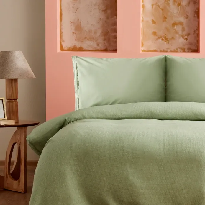 Karaca Home Alia, Doppelbett-Piqueset mit Spitze Salbeigrün aus 100 % Baumwolle