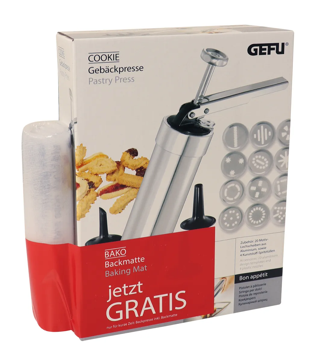 -GEFU- "COOKIE" Gebäckpresse +Backmatte Silikon, 20 Motiv-Lochscheiben und 4 Spritztüllen,