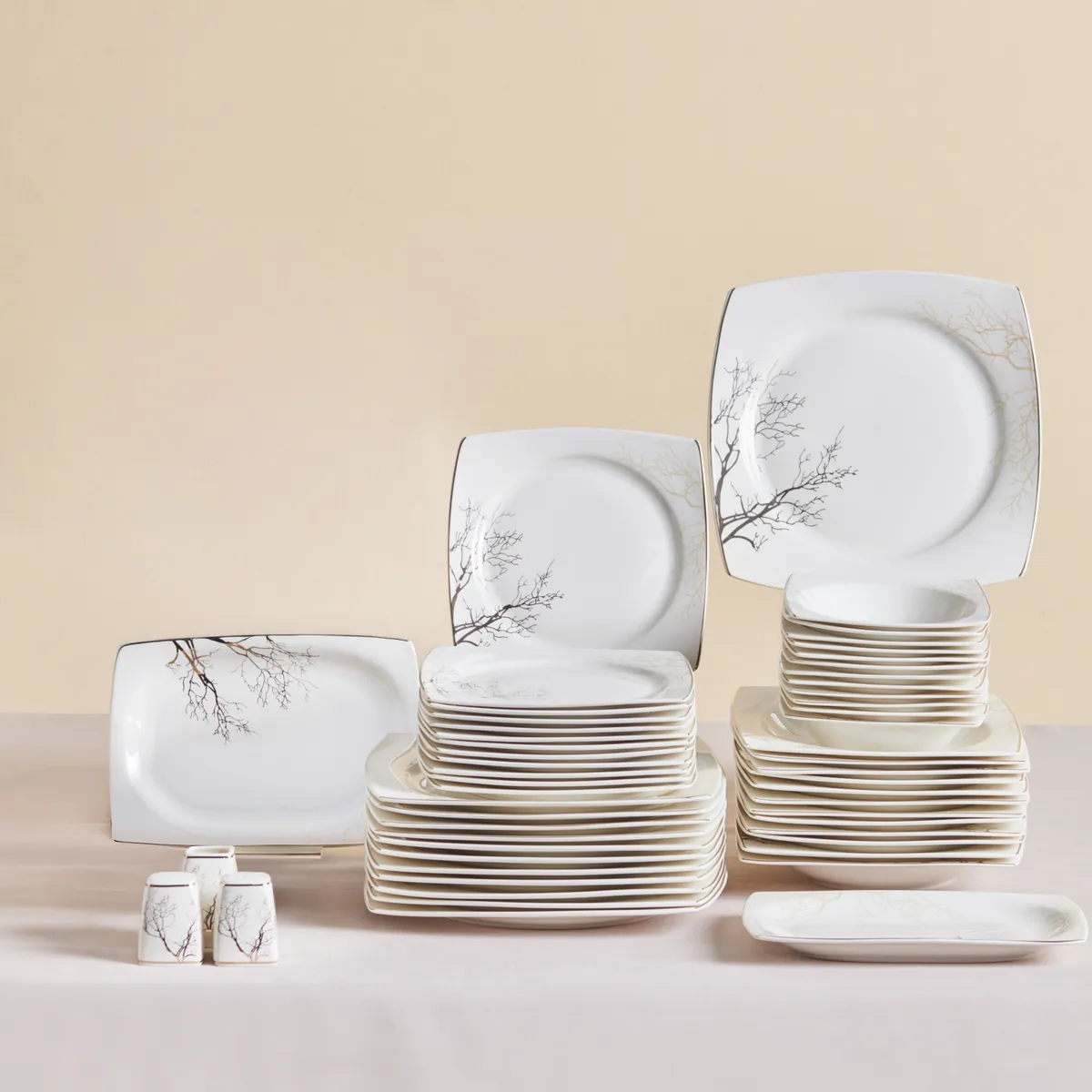 Karaca Square Bone China Autumn 53-teiliges Tafelservice für 12 Personen, Weiß Mehrfarbig