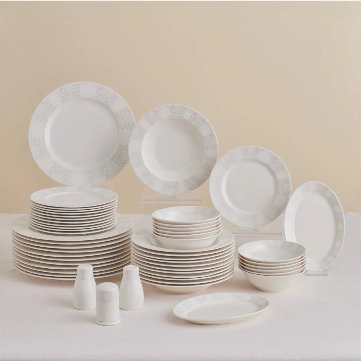 Karaca Forever Bone China New Olio 53-teiliges Tafelservice für 12 Personen, Weiß