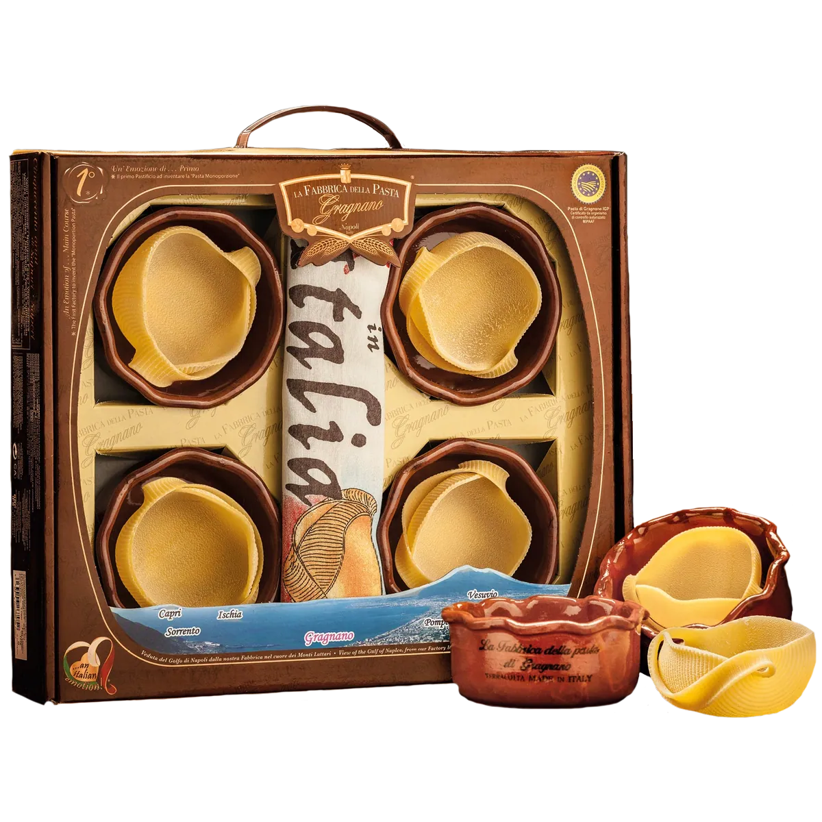 Pasta di Gragnano IGP Caccavella mit Terrakotta Schalen - 4 Stück im Geschenkkarton
