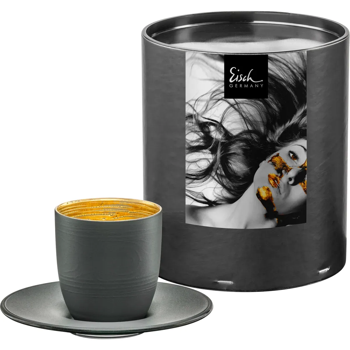 Eisch Espressoglas mit Untersetzer - Cosmo Collect grau-gold in Geschenkröhre 109/65