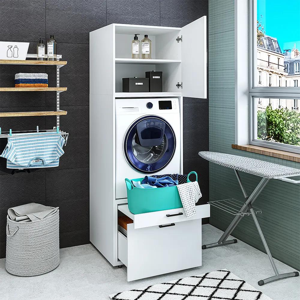 Roomart Waschmaschinenschrank mit Schrankaufsatz & Ausziehbrett – SERIE 2 -  67 cm breit, für Waschküche & Hauswirtschaftsraum – Weiß, Eiche, Schwarz-Eiche