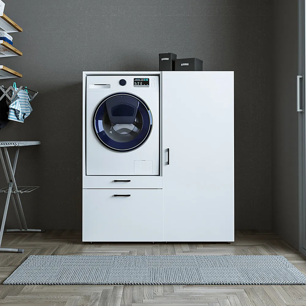 Roomart Waschmaschinenschrank für Hauswirtschaftsraum & Waschküche - SERIE 2 -  145 cm breit,  Mit Schubladen & Ausziehbrett • Weiß • Schwarz-Eiche