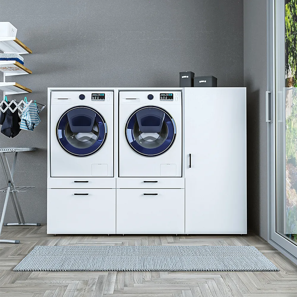 Roomart Schrankwand für Hauswirtschaftsraum & Waschküche – SERIE 2 - 194 cm breit, mit Schubladen & Ausziehbrett, Waschmaschinenschrank, Weiß / Schwarz-Eiche