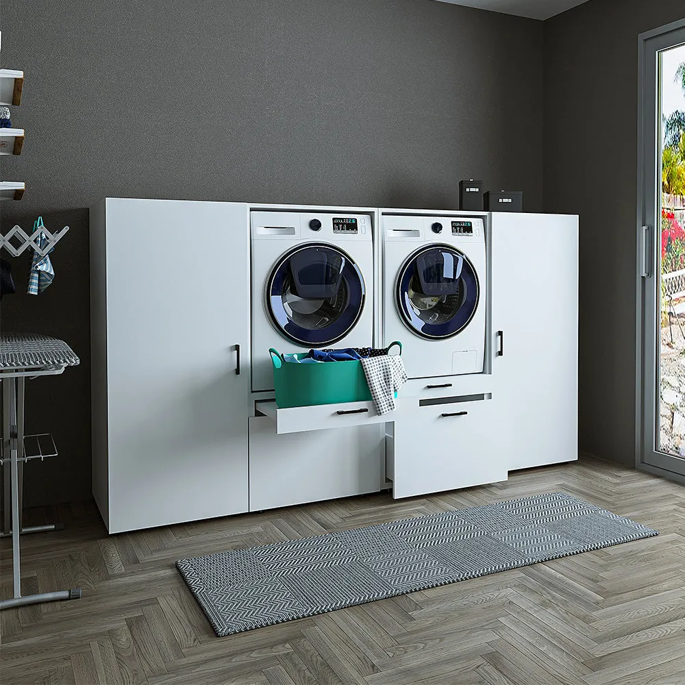 Roomart Waschmaschinenschrank für Trockner & Waschmaschine – SERIE 2 - 254 cm breit, Überbauschrank für Waschküche & Hauswirtschaftsraum – Weiß / Schwarz-Eiche