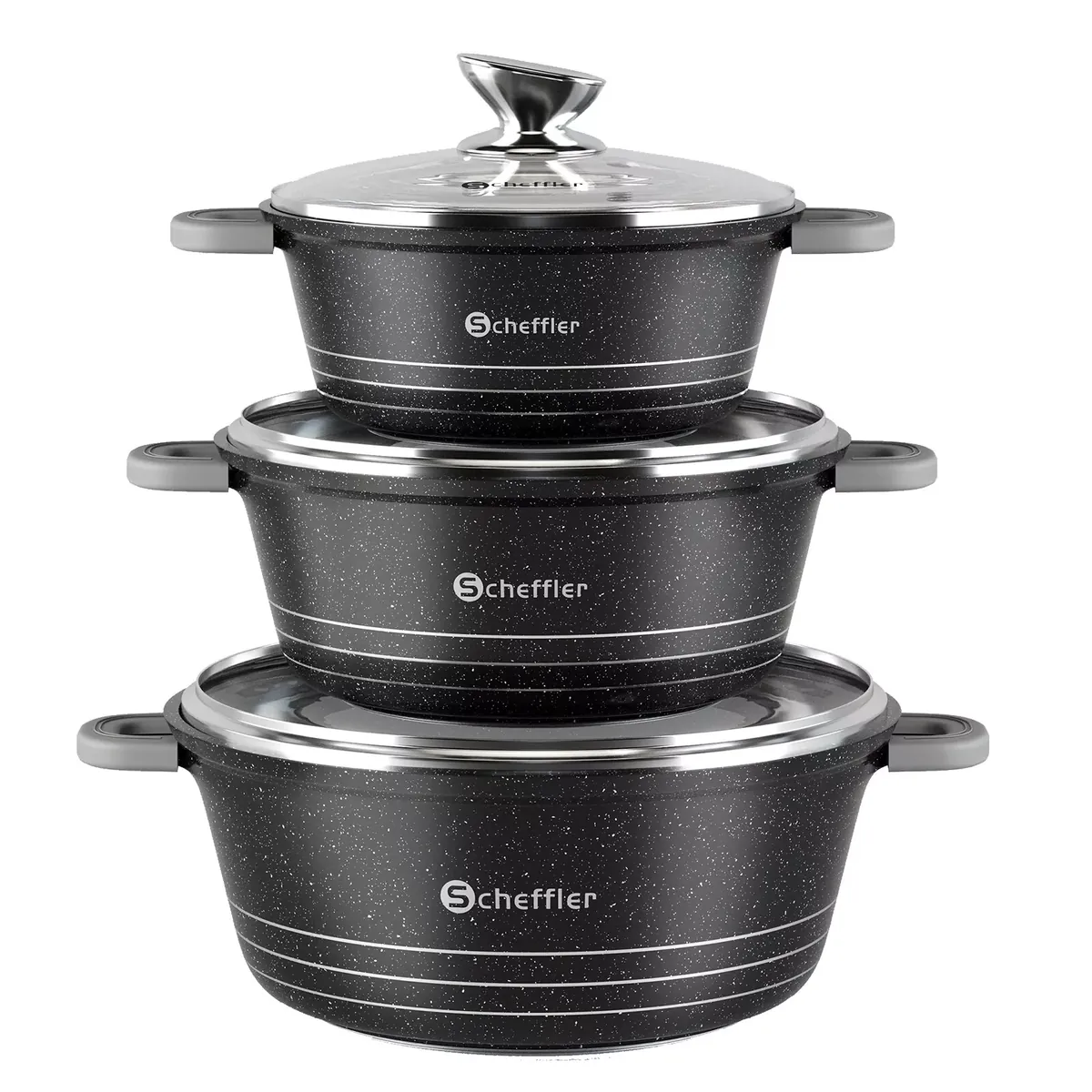 Scheffler Topfset mit Glasdeckel Kochtopf Set Induktions Töpfe Set, 2.2L/24cm,4L/28cm,6L,Töpfe Set, mit Antihaftbeschichtung