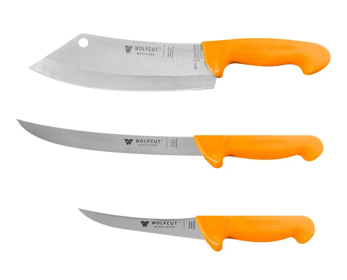 WOLFCUT Gold Serie - Metzgermesser-Set 3-tlg. - Zerlegemesser 21 cm, Ausbeinmesser gebogene flex Klinge 15 cm, Hackmesser 22,5 cm