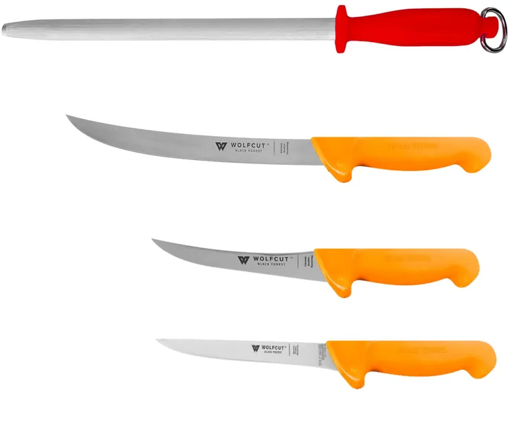 WOLFCUT Gold Serie - Metzgermesser-Set 4-tlg. - Ausbeinmesser Klinge 15 cm, Ausbeinmesser gebogene flex 15 cm, Zerlegemesser 21cm, Wetzstahl 29cm oval