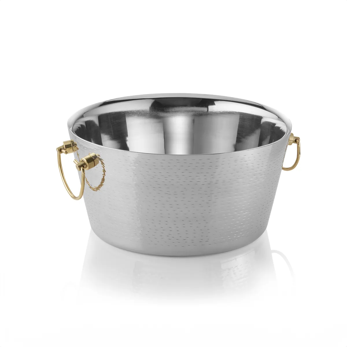 Champagnerkühler mit Messinggriffen, Ø 34 cm, Höhe 17 cm, doppelwandig, gehämmerte Oberfläche, Chromnickelstahl, Messing