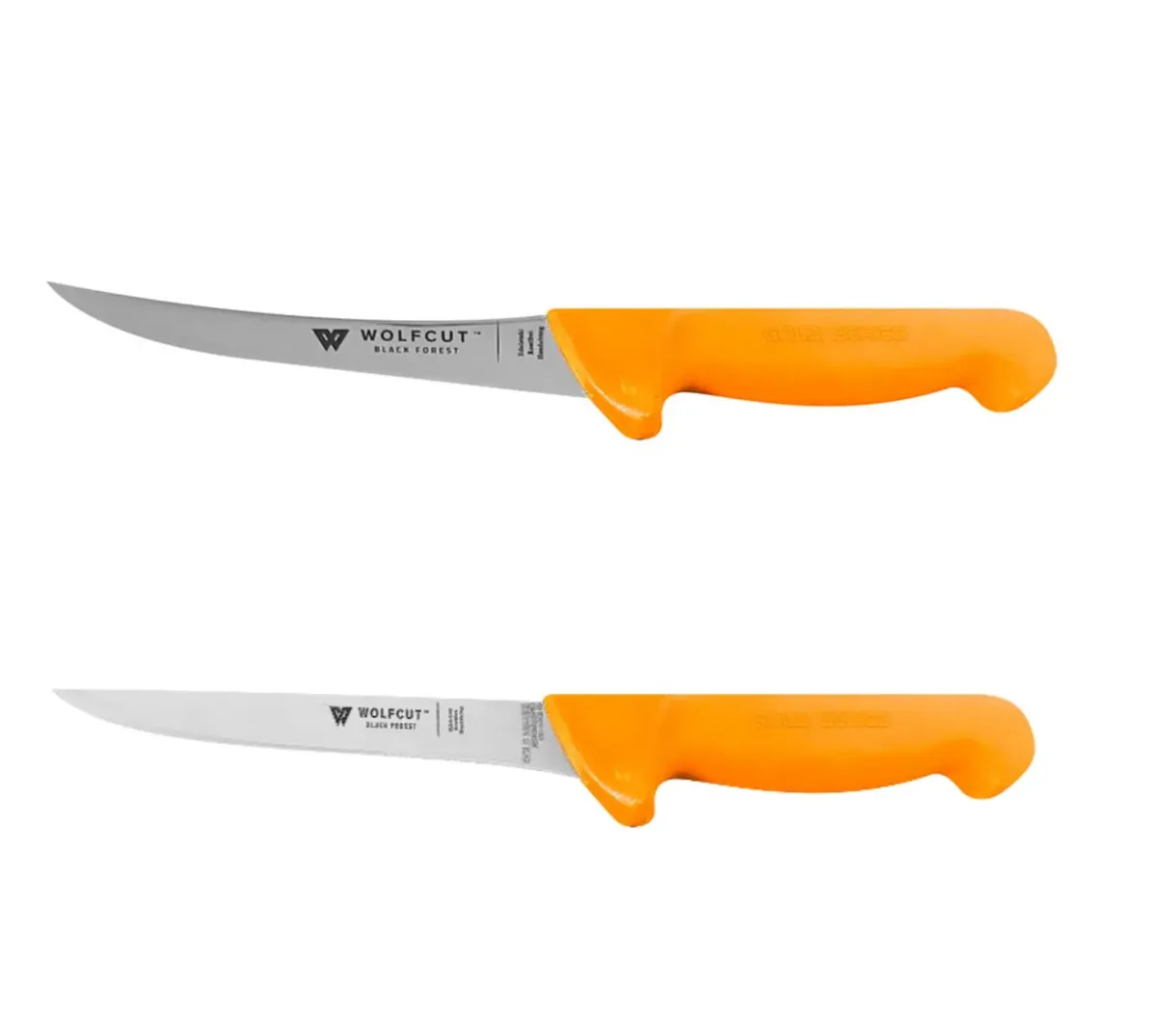 WOLFCUT Gold Serie - Metzgermesser-Set 2-tlg. - Ausbeinmesser gebogene flex 15 cm Klinge, Ausbeinmesser gerade 15 cm Klinge