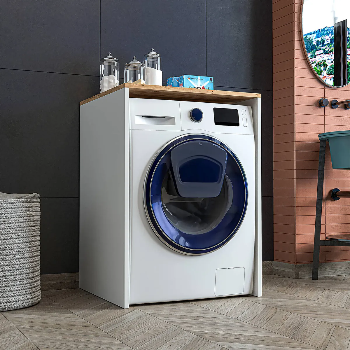 Roomart Badezimmer Waschmaschinenschrank - SERIE ATLANTIC-IV- 65 cm breit, Badezimmerschrank für Waschmaschine – 65 × 90 × 60 cm – Weiß-Eiche oder Anthrazit-Eiche – platzsparend & modern