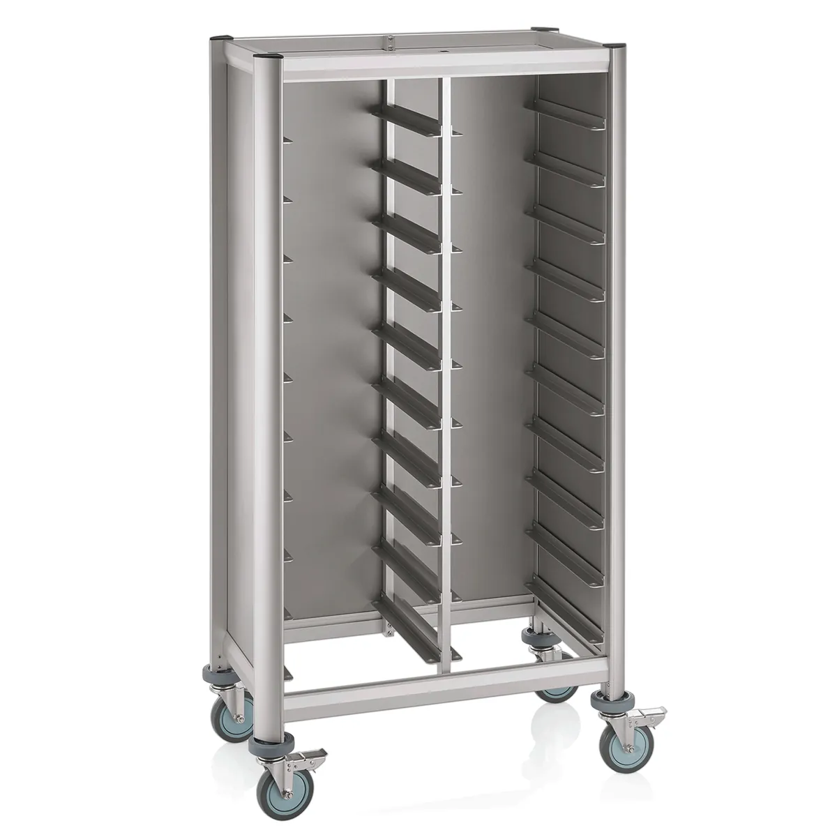 Tablettwagen SINGLE Mensa, für 2x10 Tabletts, silber, 86 x 51 x 165 cm, MDF Holzoptik/Aluminium