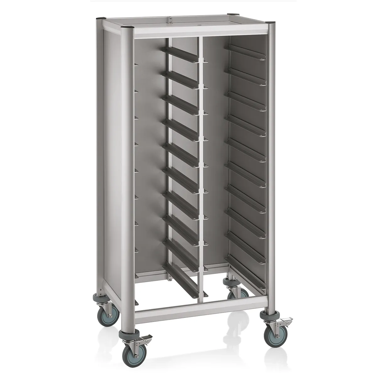 Tablettwagen SINGLE GN 1/1 Mensa, für 2x10 Tabletts, silber, 80 x 60 x 165 cm, MDF/Aluminium