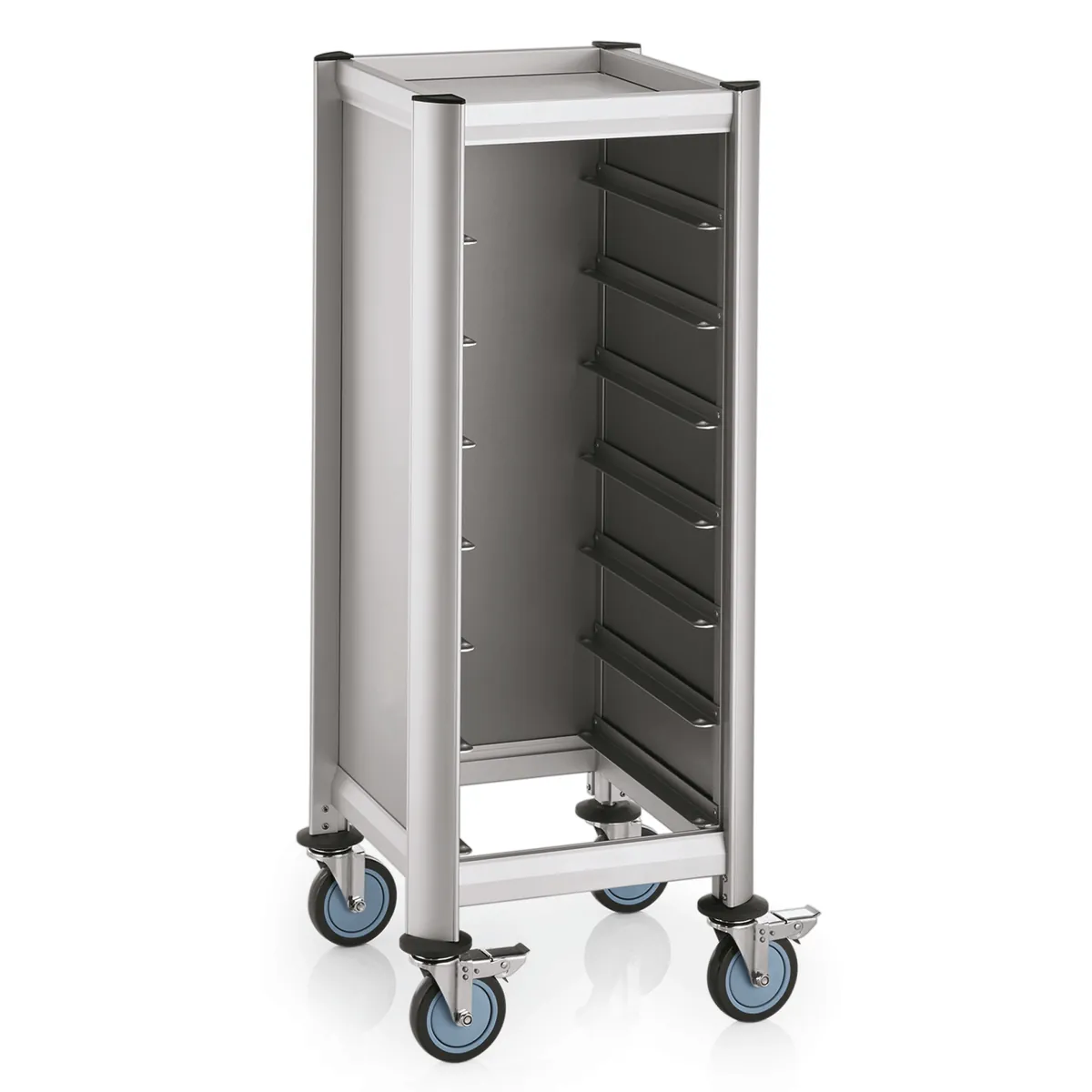 Tablettwagen SINGLE Mensa, für 7 Tabletts, silber, 51,5 x 47,5 x 125 cm, MDF Holzoptik/Aluminium