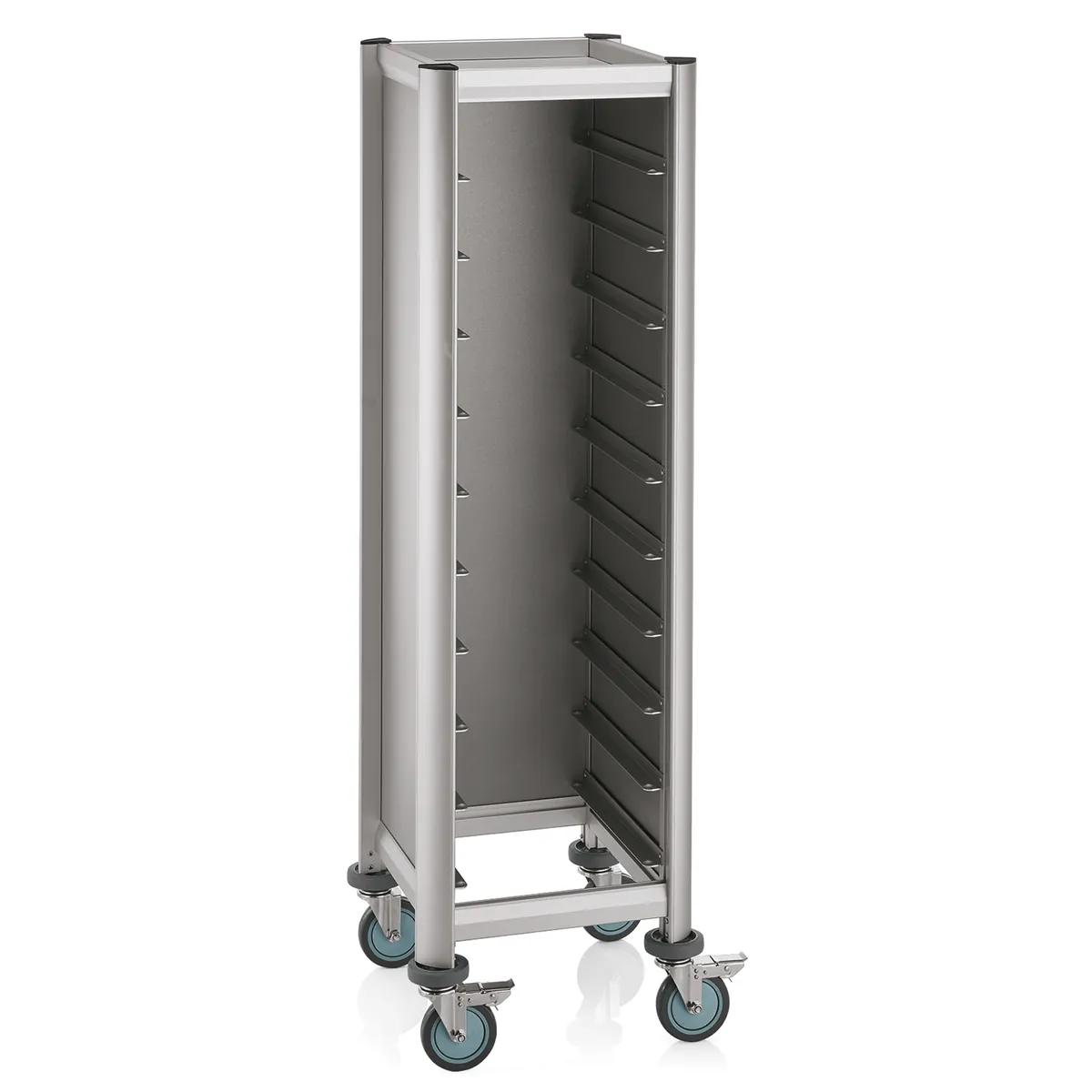 Tablettwagen SINGLE Mensa, für 10 Tabletts, Farbe wählbar, 51,5 x 47,5 x 165, MDF/Aluminium
