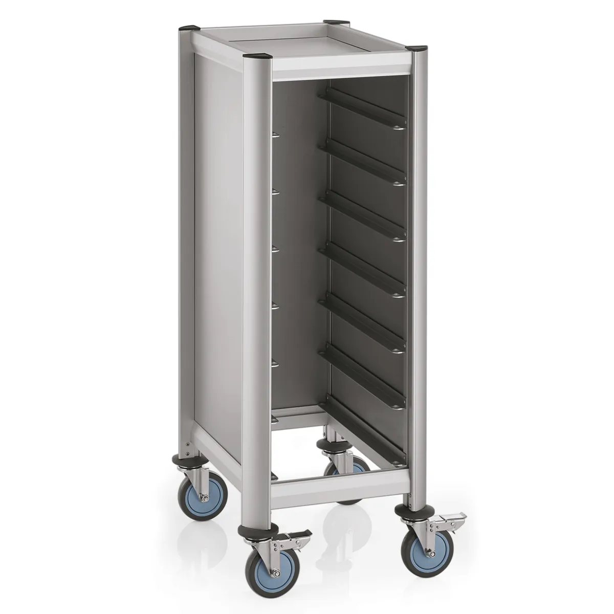 Tablettwagen SINGLE GN 1/1 Mensa, für 7 Tabletts, silber, 60,5 x 44,5 x 125 cm, MDF/Aluminium