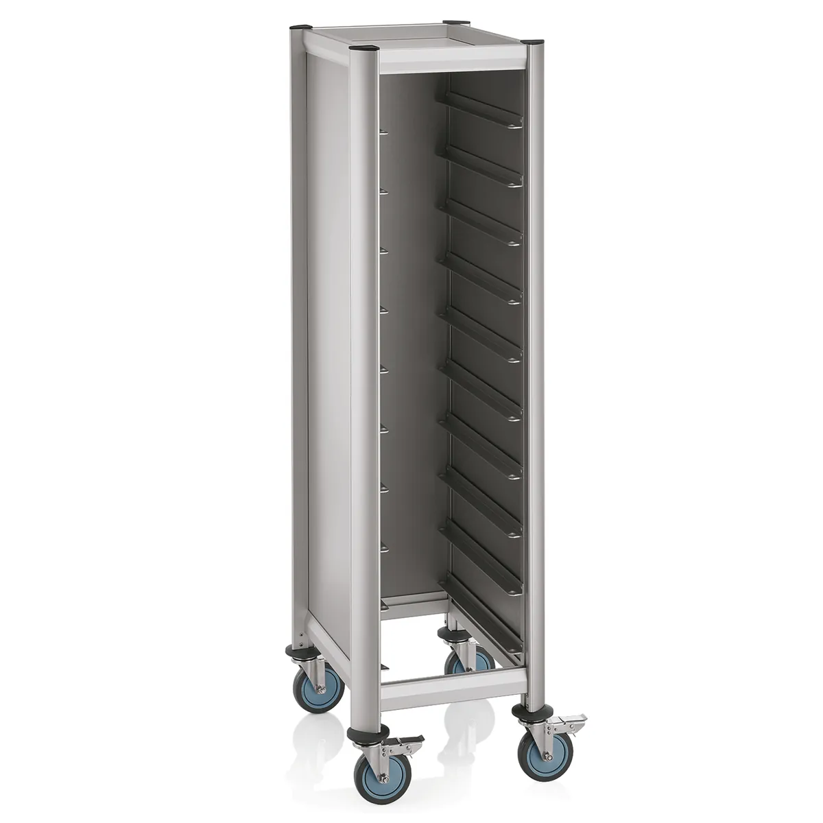 EN Regalwagen SINGLE Mensa, für 10 EN Tabletts, silber, 60 x 50 x 165 cm, MDF/Aluminium