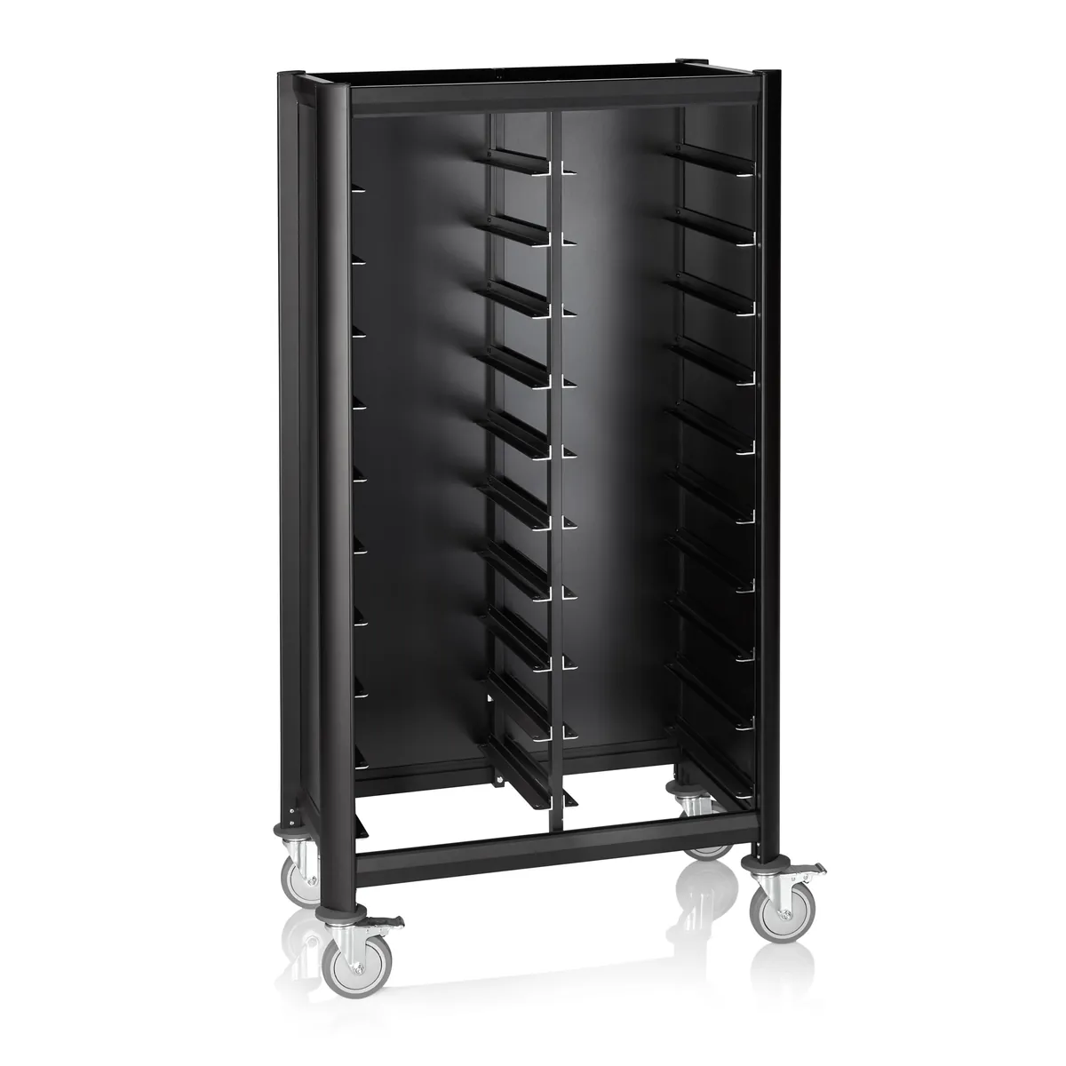Tablettwagen DOUBLE Mensa, für 2 x 10 Tabletts, schwarz, 51,5 x 86 x 165 cm, MDF/Aluminium