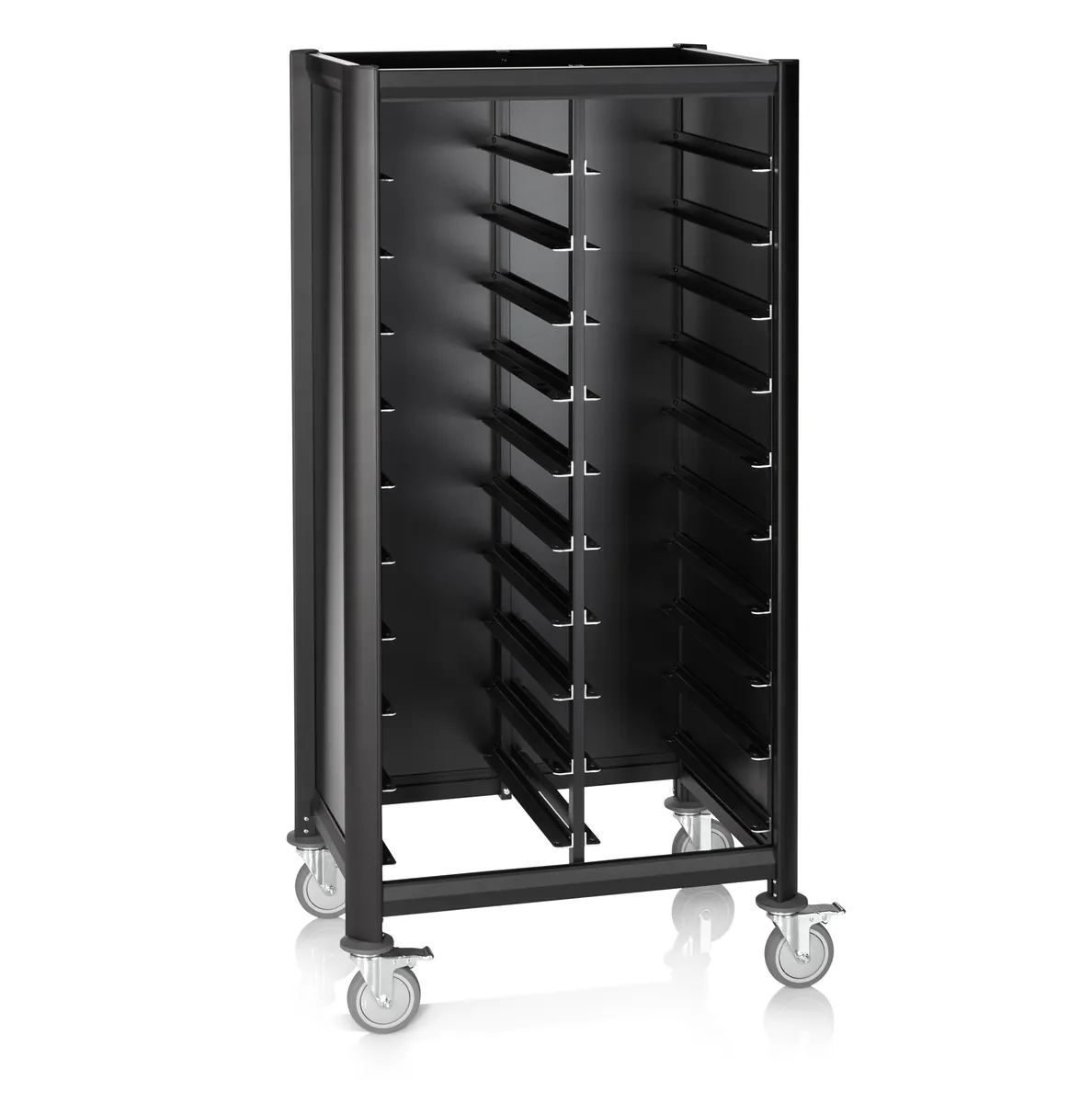Tablettwagen DOUBLE GN 1/1 Mensa, für 2 x 10 Tabletts, schwarz, 60 x 80 x 165 cm, MDF/Aluminium