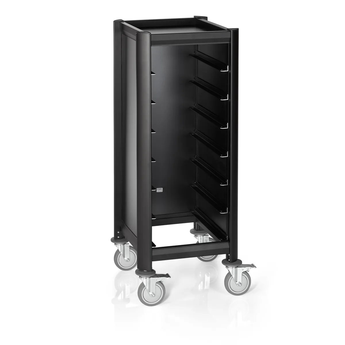 Tablettwagen SINGLE Mensa, für 7 Tabletts, schwarz, 51,5 x 47,5 x 125 cm, MDF/Aluminium