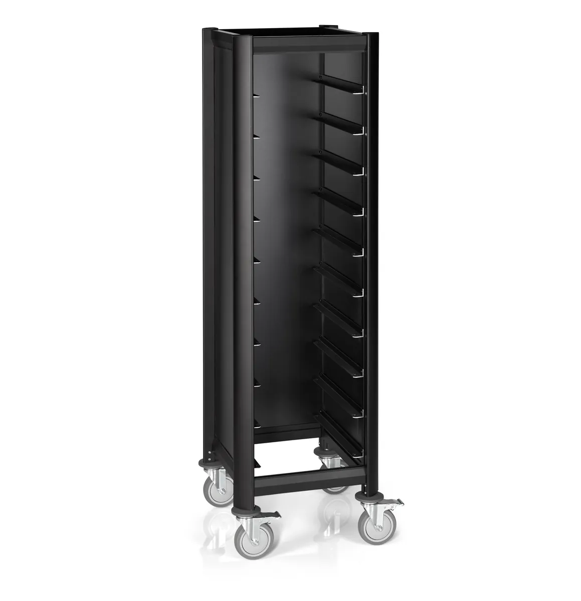 Tablettwagen SINGLE Mensa, für 10 Tabletts, schwarz, 51,5 x 47,5 x 165, MDF Holzoptik/Aluminium