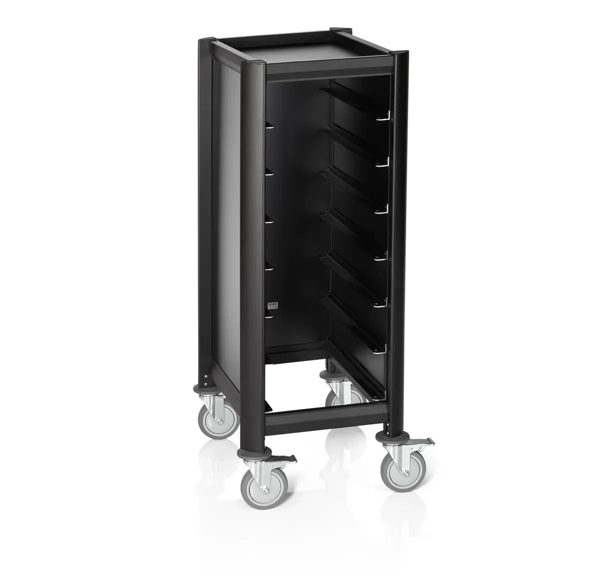 Tablettwagen SINGLE GN 1/1 Mensa, für 7 Tabletts, schwarz, 60 x 44,5 x 125 cm, MDF/Aluminium