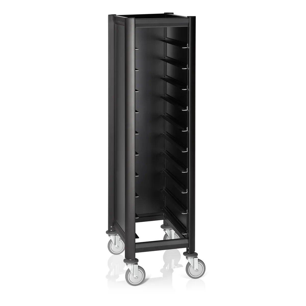Tablettwagen SINGLE GN 1/1 Mensa, für 10 Tabletts, schwarz, 60 x 44,5 x 165 cm, MDF/Aluminium