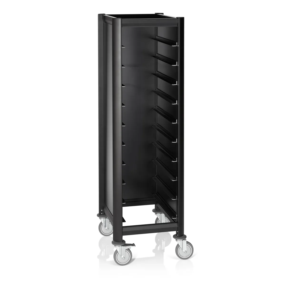 EN Regalwagen SINGLE Mensa, für 10 EN Tabletts, schwarz, 60 x 50 x 165 cm, MDF/Aluminium