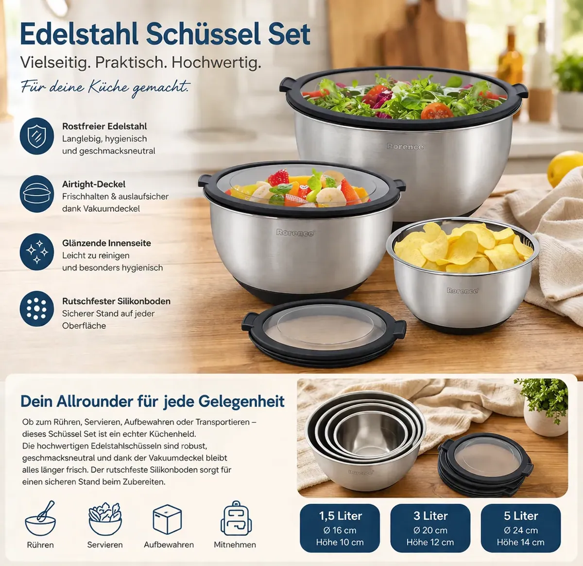 Edelstahl Schüssel Set mit Vakuumdeckel & rutschfestem Silikonboden