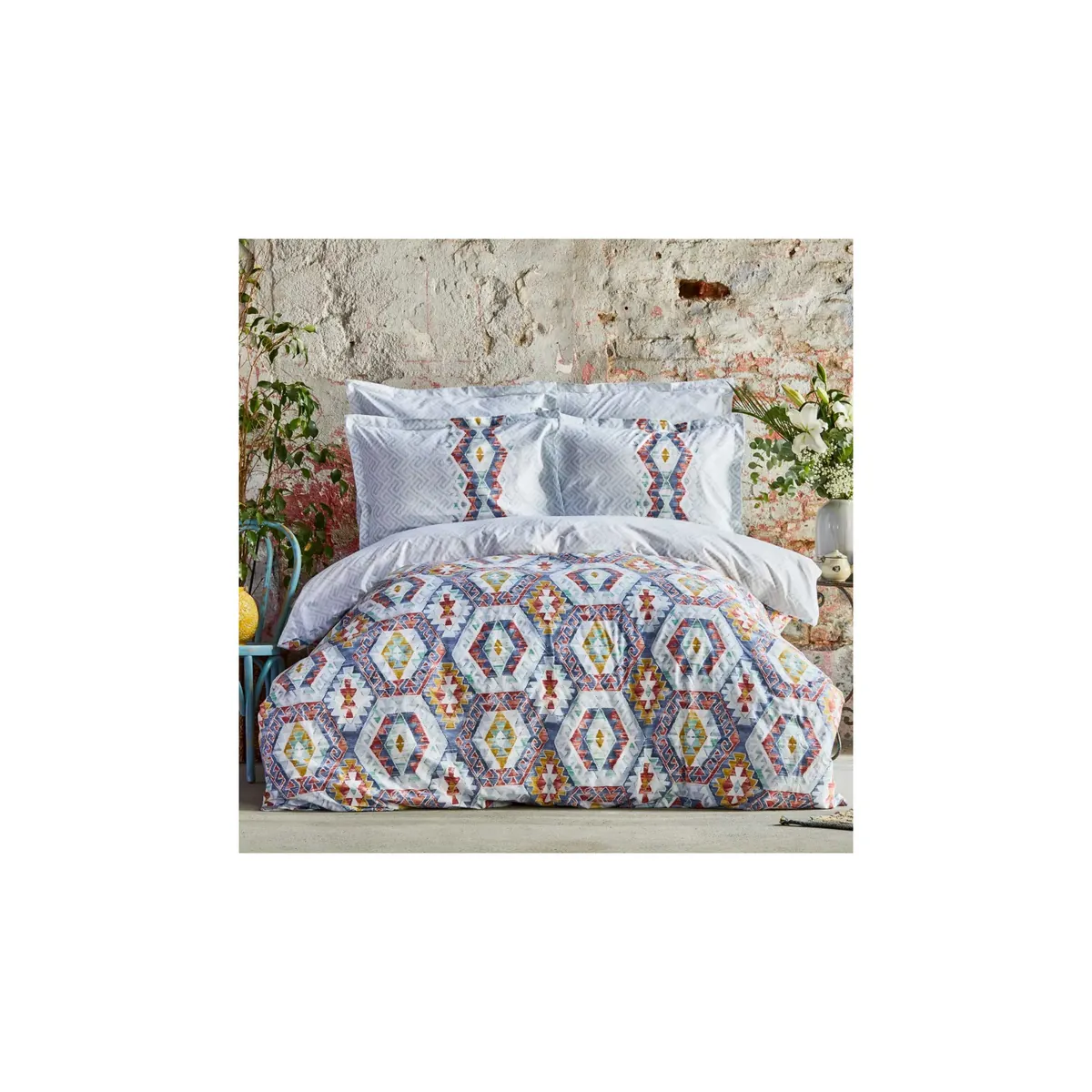 Karaca Home Besta Indigo Baumwolle Doppelsteppdeckenbezug-Set