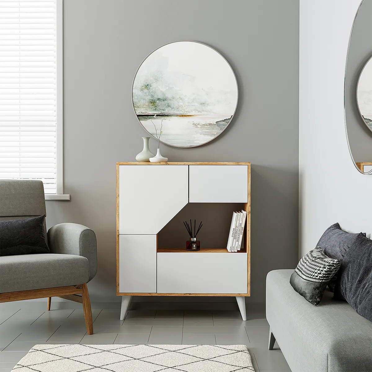 Roomart Mehrzweckschrank PABLO, 90 cm, mit 5 Fächern und Türen, in Weiß-Eiche