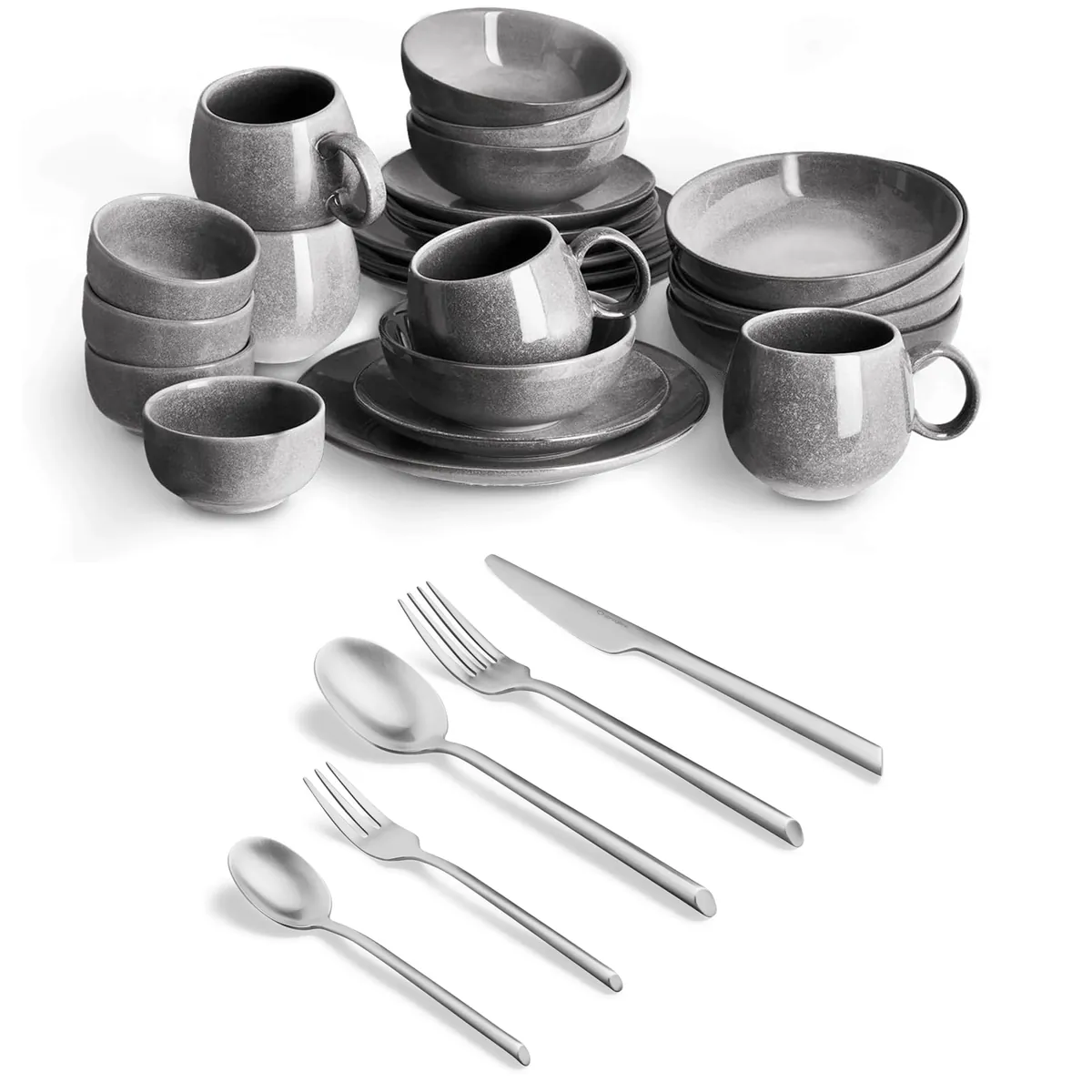 Geschirrset Misty Cliff 24-tlg. aus Steingut inkl. Besteck Set 20-tlg. aus rostfreiem 18/10 Edelstahl