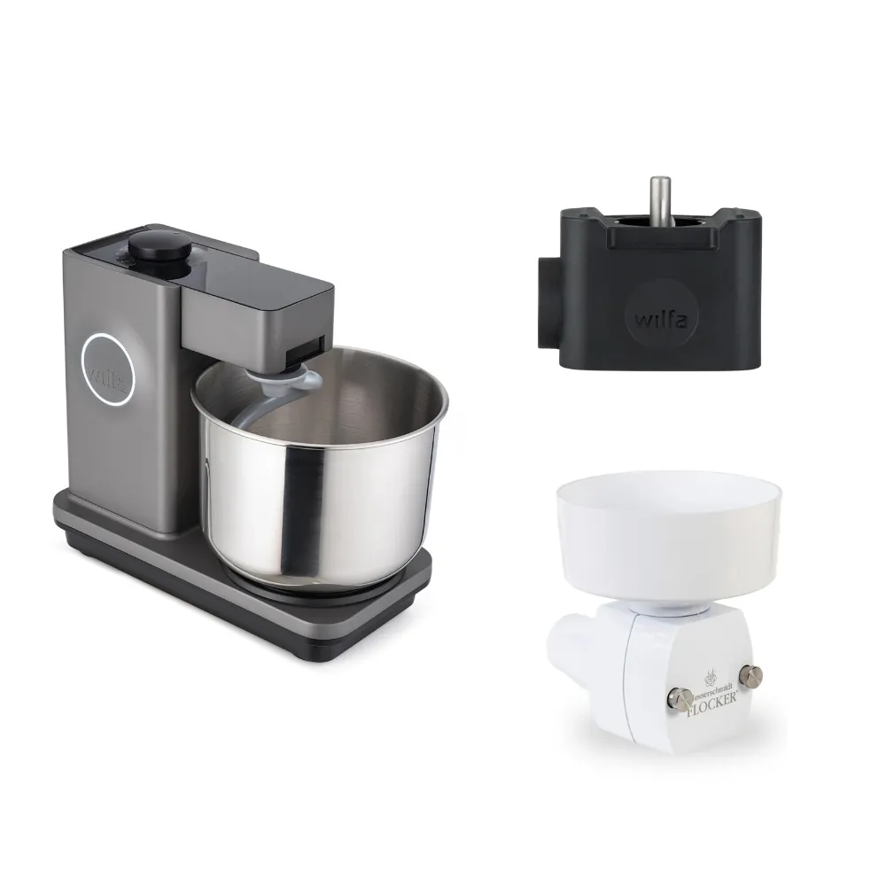Wilfa Küchenmaschine Probaker KM1GY-70 grau + Tool Adapter + Messerschmidt Flockervorsatz