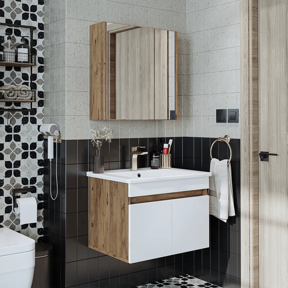 Roomart Badmöbel Set ATRIA 3-teilig – 65 cm Unterschrank mit Keramik-Waschbecken & Spiegelschrank – Badezimmermöbel in 4 Farben