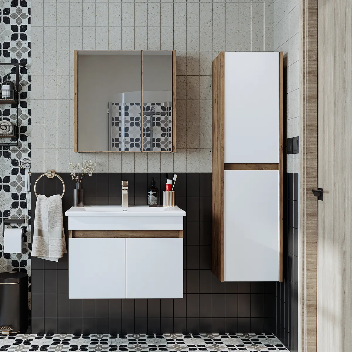 Roomart Badmöbel Set ATRIA 4-teilig – 65 cm Waschbeckenunterschrank mit Keramikwaschbecken, Spiegelschrank & Hochschrank – Badezimmermöbel in 4 Farben