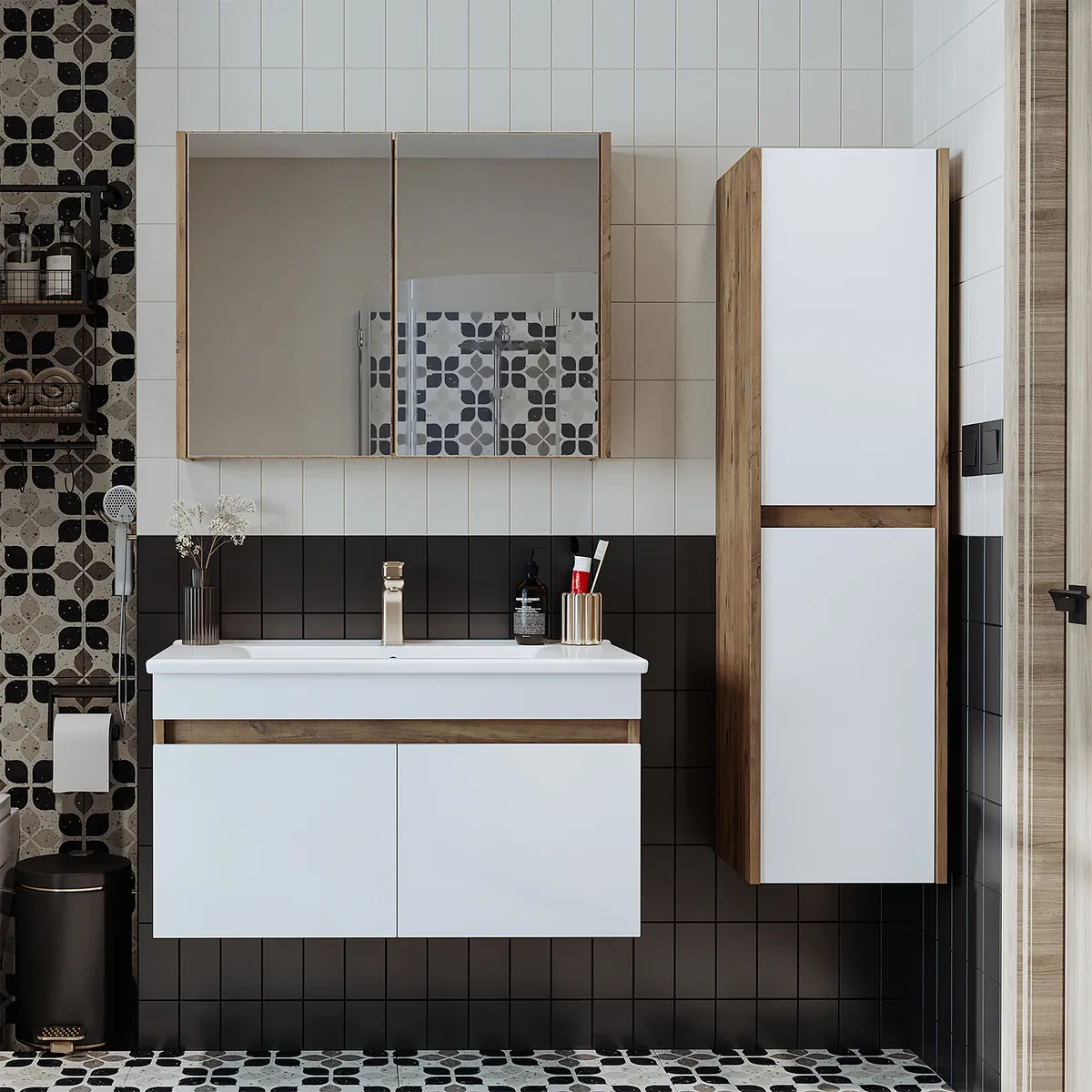 Roomart Badmöbel Set ATRIA 4-teilig – 85 cm Waschbeckenunterschrank mit Keramikwaschbecken, Spiegelschrank & Hochschrank | Badezimmermöbel in 4 Farben