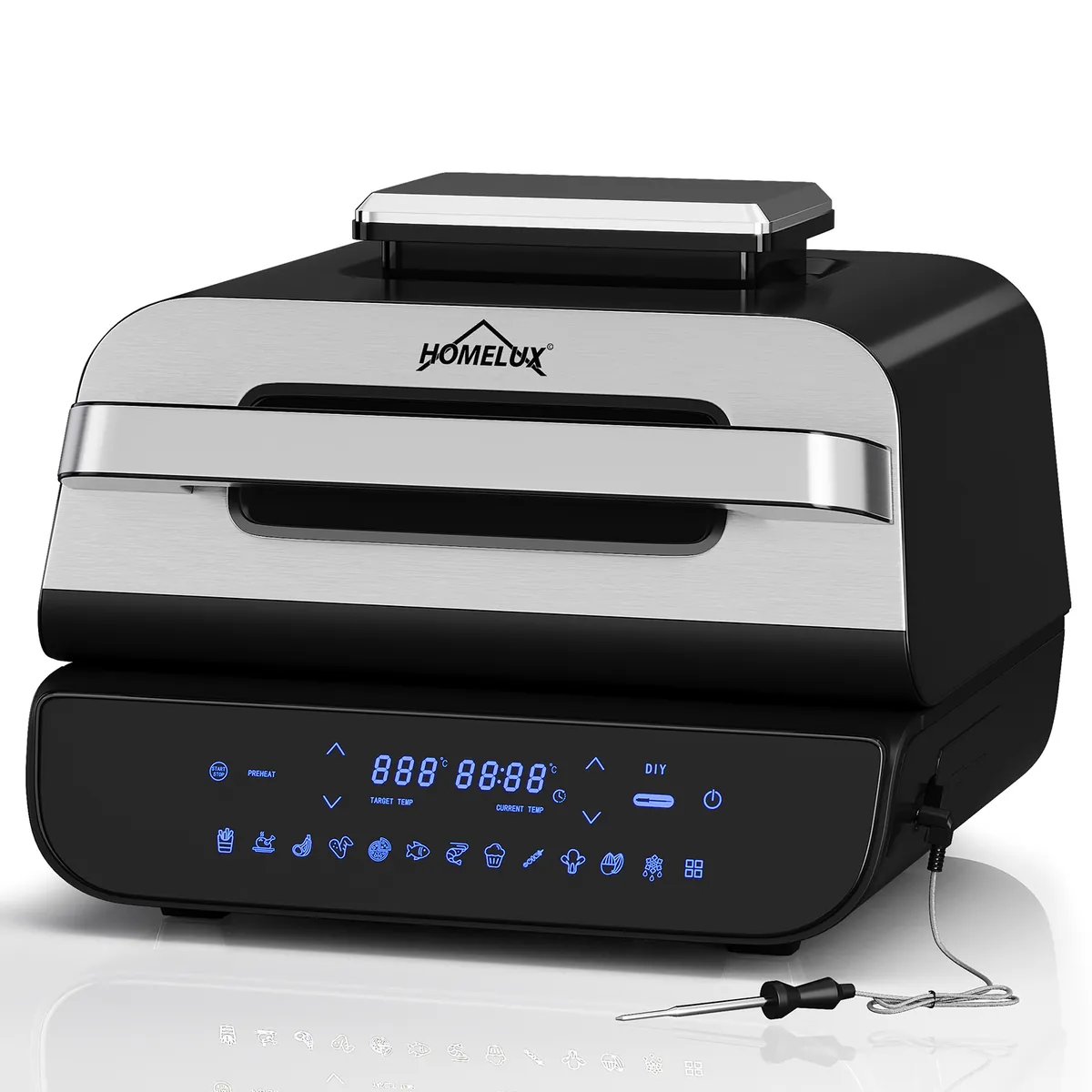 HOMELUX Heißluftfritteuse & Grill 6-in-1 Heißluftfritteuse mit Kontaktgrill Plate, Digitalem Temperaturfühler, Touch-Steuerung, Max 230℃, 1700W