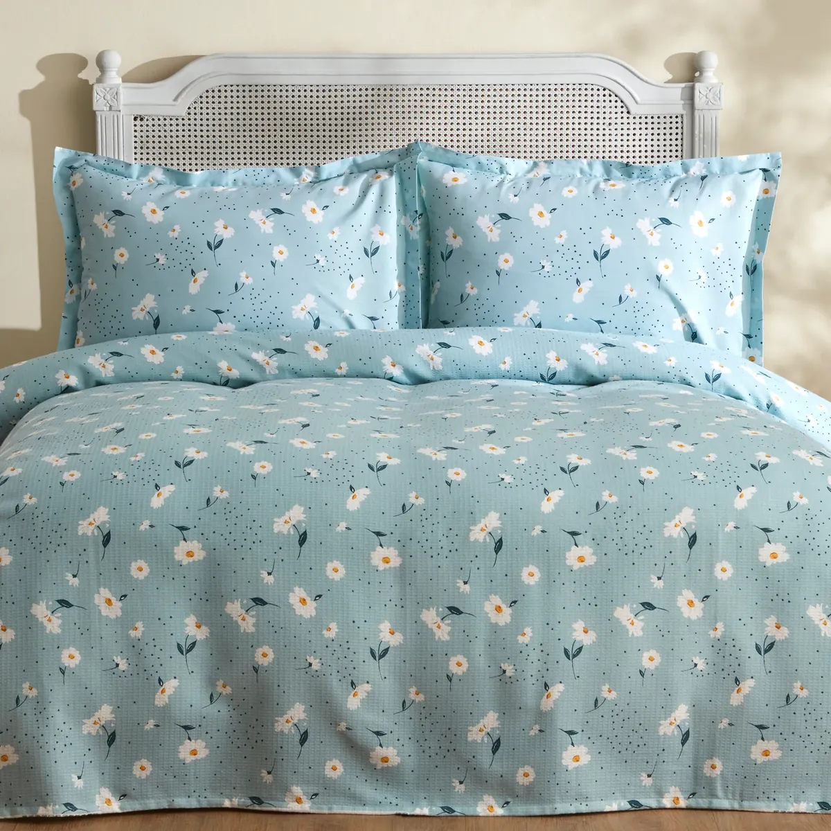 Karaca Home Daisy 100% Baumwolle Doppelbett Tagesdecke Set Mint