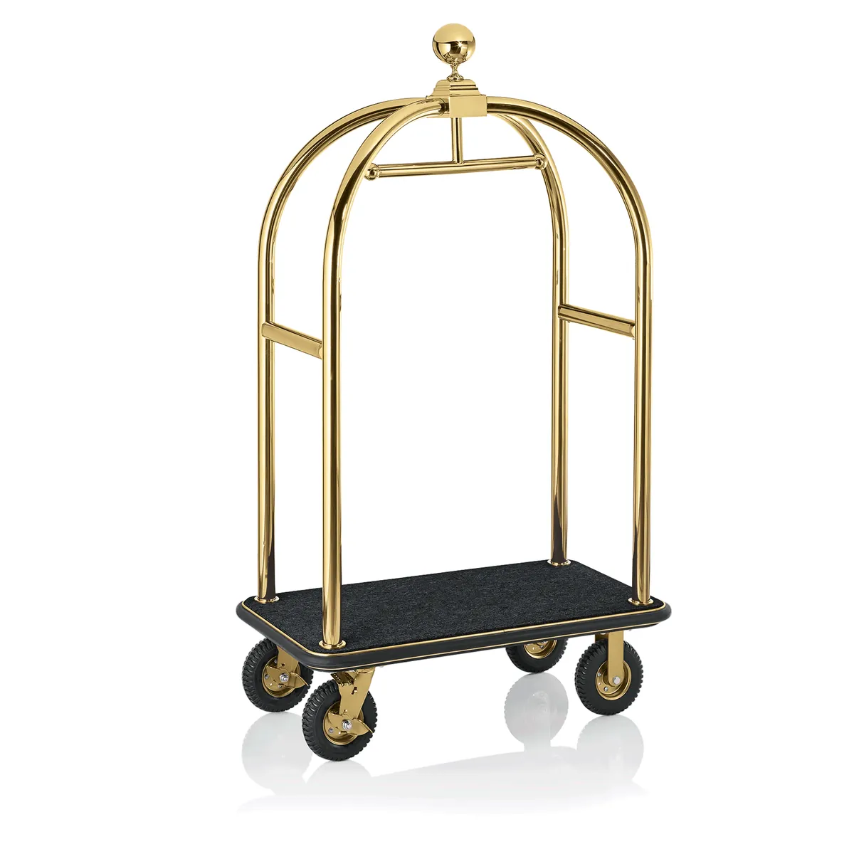 Gepäckwagen Drift, 112 x 60 x 190 cm, Titanium gold, schwarzer Teppich, Chromnickelstahl 18/8