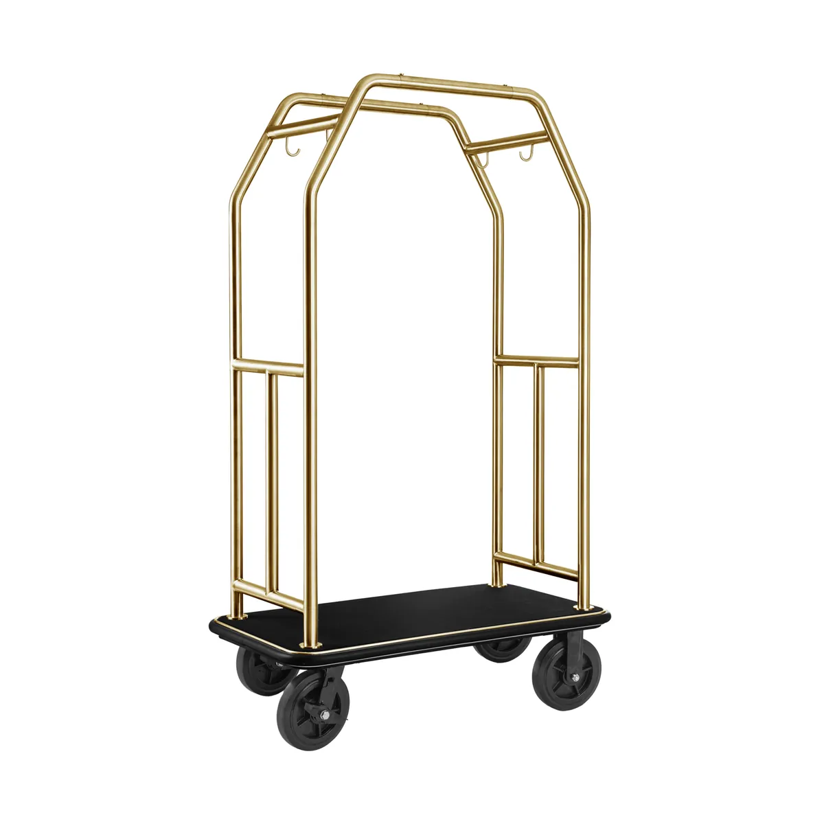 Gepäckwagen Traveller, 112 x 60 x 185 cm, gold, schwarzer Teppich, Chromnickelstahl 18/8