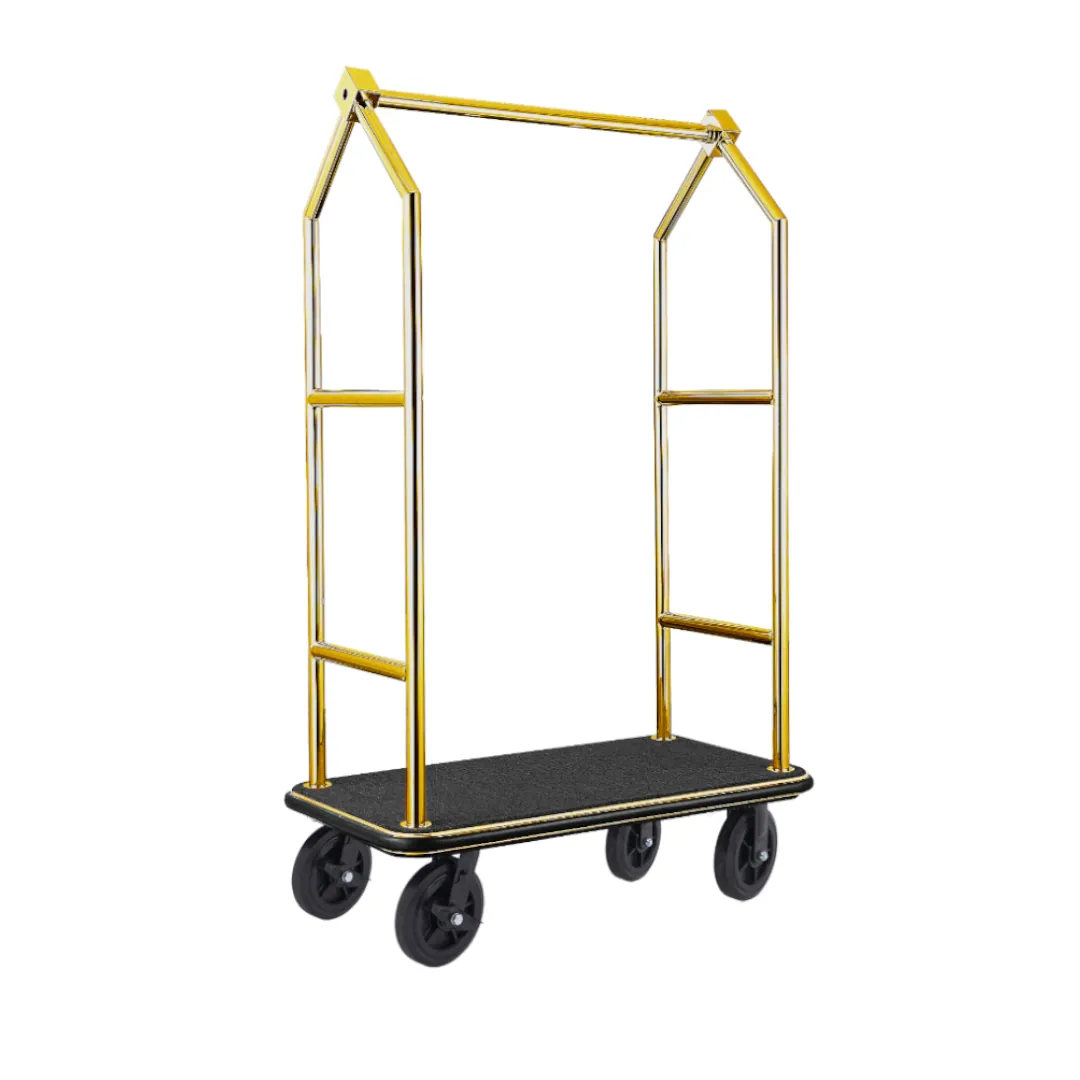 Gepäckwagen Voyager, 112 x 65 x 190 cm, Titanium gold, schwarzer Teppich, Chromnickelstahl 18/8
