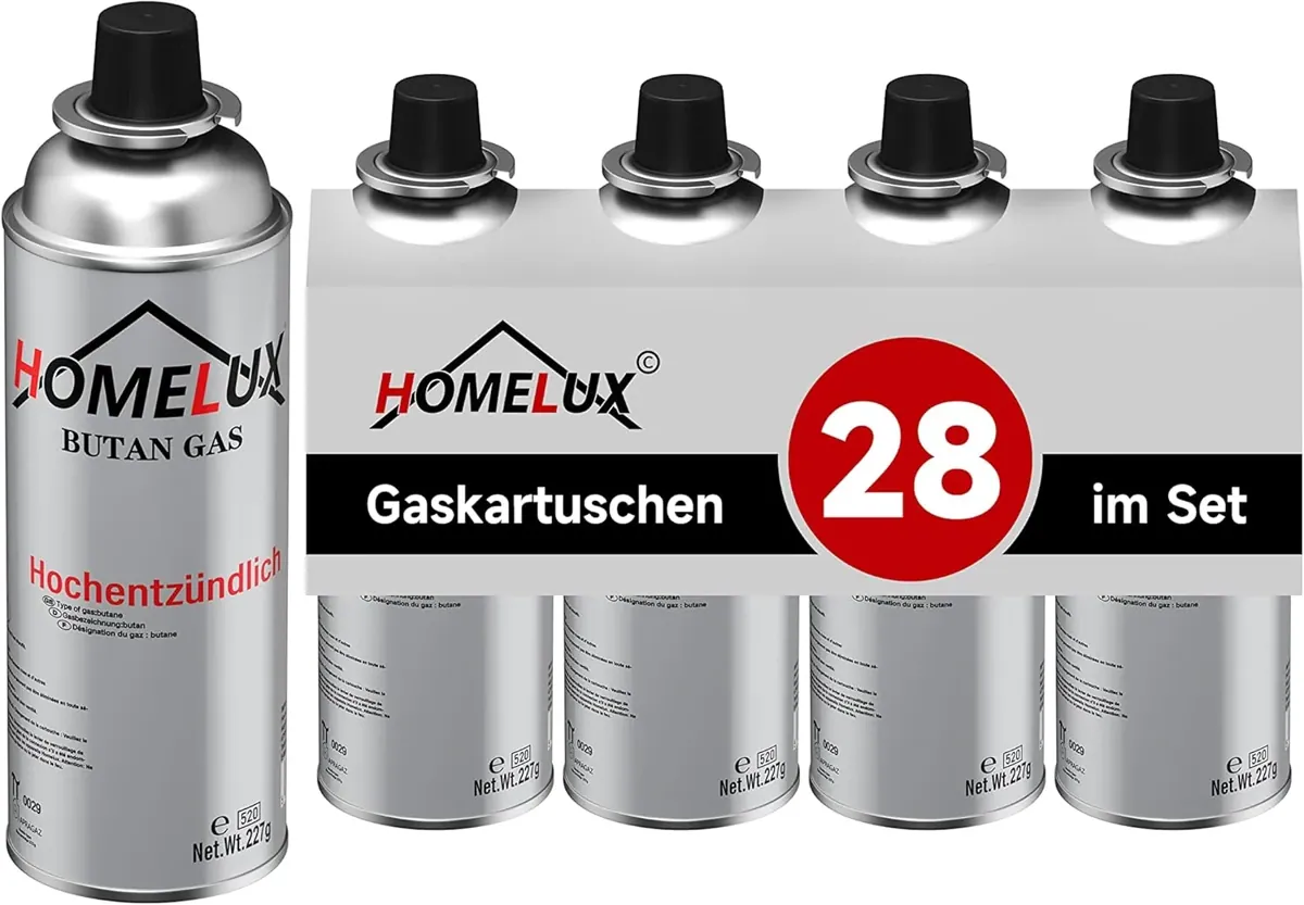 HOMELUX Gaskartuschen 227g, Butan mit Bajonett Ventil, für Campingkocher, Gaskocher, Gasheizung, Gasbrenner, Lötbrenner