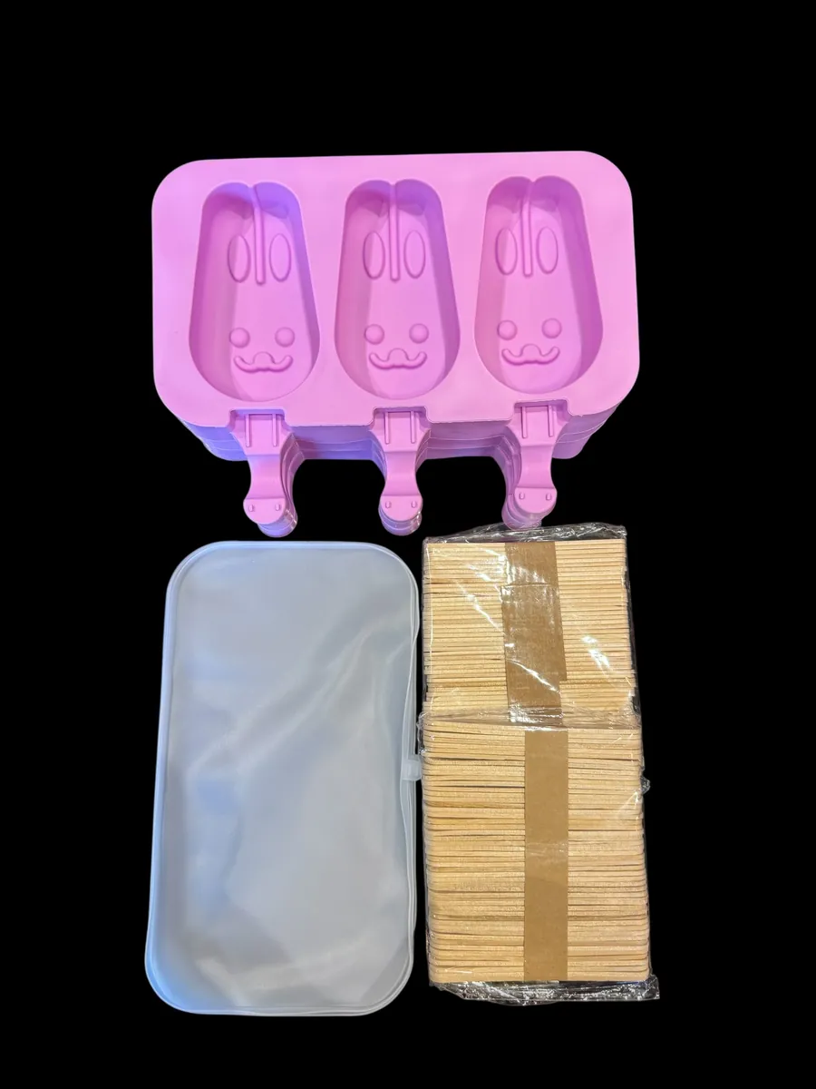 Silikon-Eisformen Set „Häschen“ - 3 Formen mit Deckel & 100 Holzstäbchen