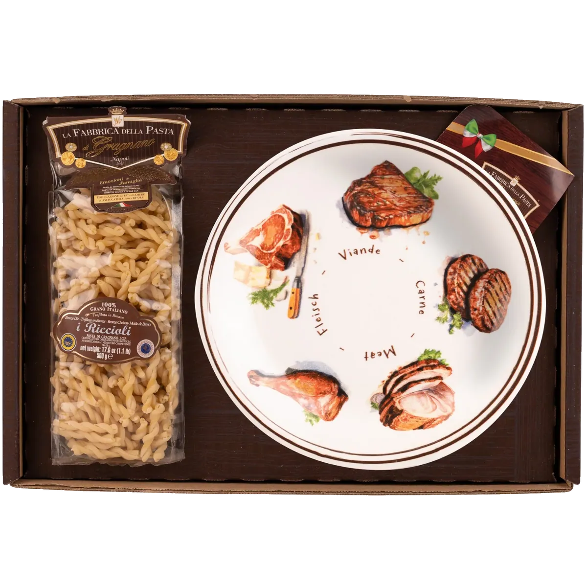 Pasta di Gragnano IGP Nudeln + Keramikteller Fleisch-Dekor 27cm (753)