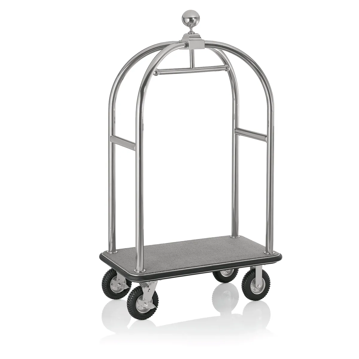 Gepäckwagen Drift, 112 x 60 x 190 cm, silberfarben gebürstet, grauer Teppich, Chromnickelstahl 18/8