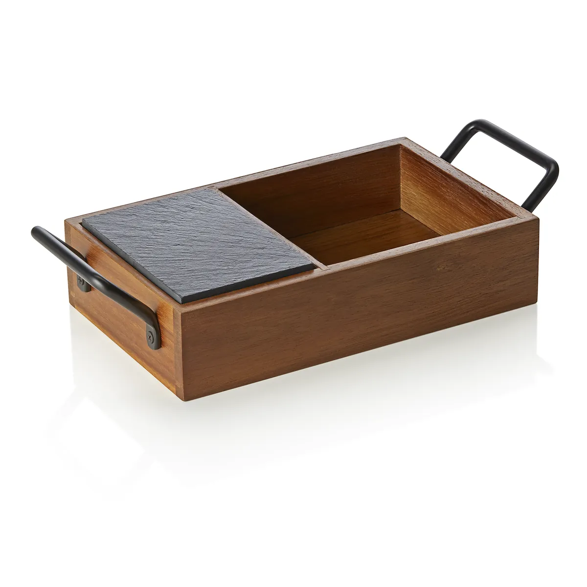 Naturschieferplatten Set Slate & Serve, 3 Schieferplatten und Brot- und Butterkorb, Akazienholz, Schiefer