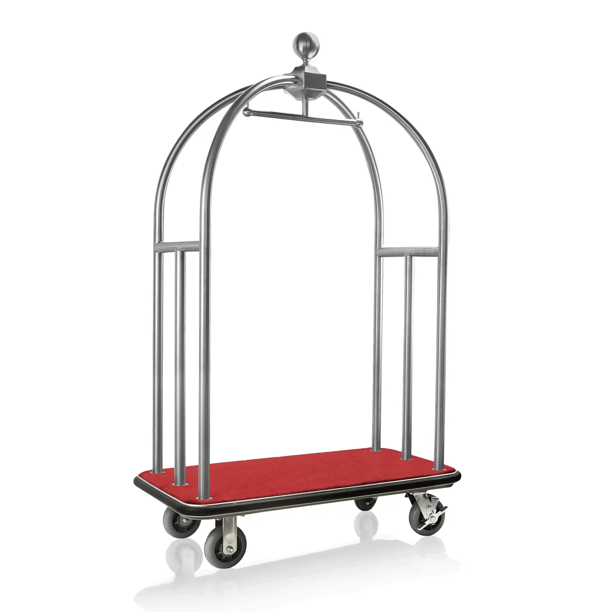 Gepäckwagen Unity, 112 x 60 x 185 cm, silberfarben gebürstet, roter Teppich, Edelstahl