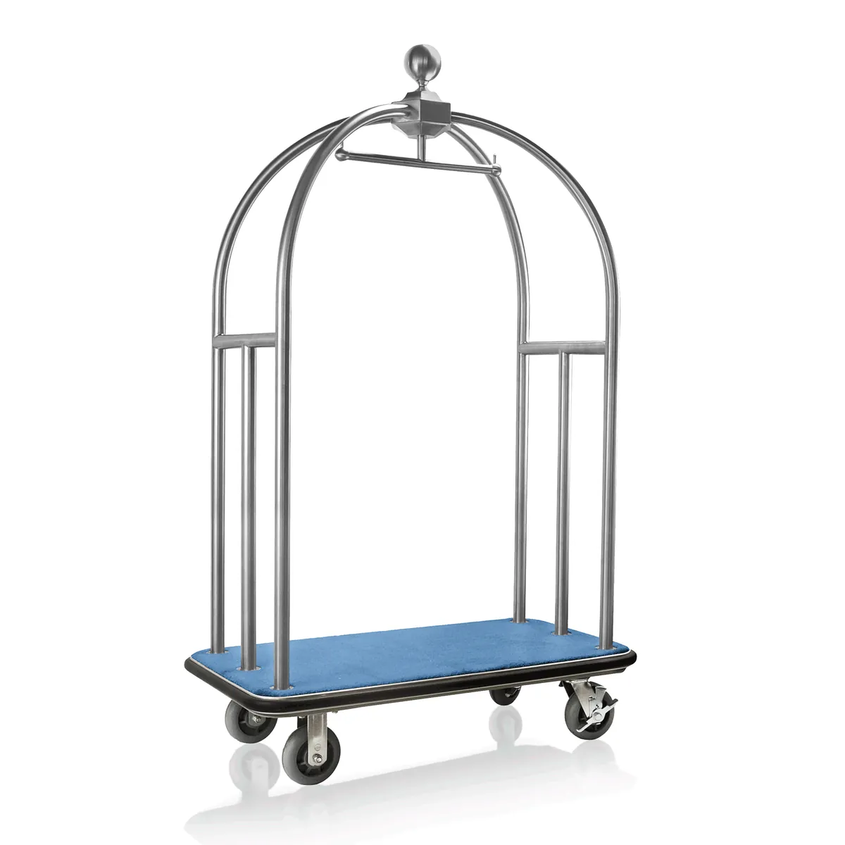 Gepäckwagen Unity, 112 x 60 x 185 cm, silberfarben gebürstet, blauer Teppich, Edelstahl