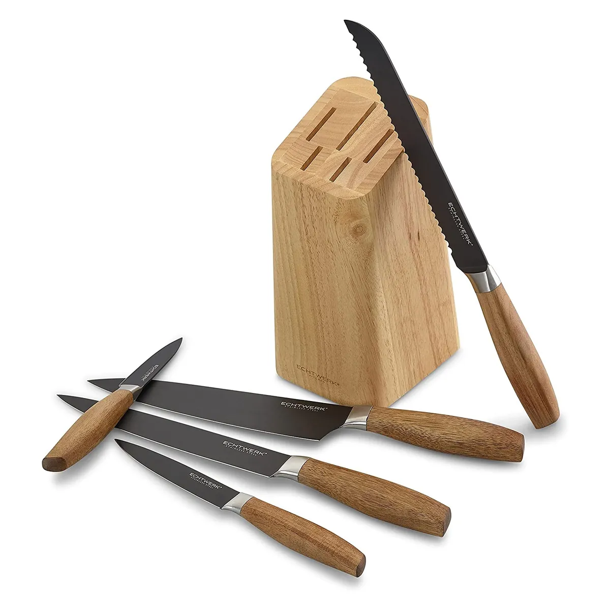Küchenmesser-Set "Classic Black-Edition", 6tlg, aus hochwertigem Stahl, Messerset mit Holzblock aus Pakkaholz